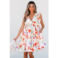 Pink Floral Double Ruffle Sleeve V Neck High Waist Mini Dress