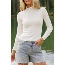 White Ribbed Knit Lettuce Trim High Neck Long Sleeve Top