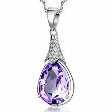 Silver Diamante Purple Amethyst Crystal Pendant Wave Chain Necklace Gift Boxed
