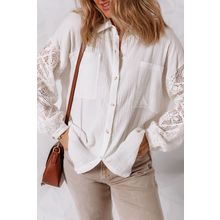 White Cotton Gauze Lace Patchwork Long Sleeve Shirt