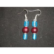 Frosted square sky blue over frosted round red glass dangle earrings