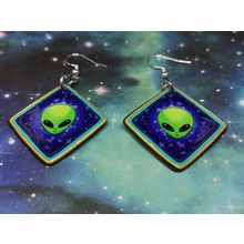 Green Alien/ET Face Silver Plated Hook Earrings. Sci-Fi