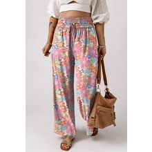 Pink Floral Smocked Waist Loose Pants