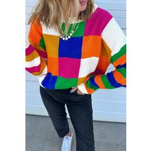 Orange Checkered Color Block Round Neck Loose Sweater
