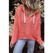 Gold Flame Cable Knit V Neck Contrast Drawstring Hooded Sweater