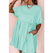 Moonlight Jade Solid Color Pocketed Raw Edge Babydoll Dress