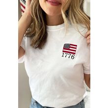 White American Flag 1776 Embroidered Pattern Crew Neck Tee