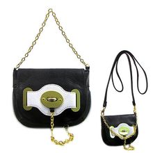 Pebble Leather-like Small Flap Purse w/ Metal Chain Strap And Twist Lock - Bl...
