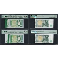 England 1 Pound 2 consecutive banknotes ink smear error P-377b PMG 66 EPQ UNC