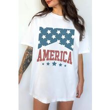 White AMERICA Stars Print Round Neck Oversized T Shirt