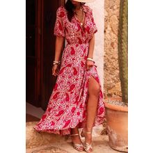 Red Paisley Print Side Slit Puff Sleeve High Waist Maxi Dress