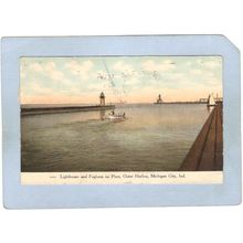 IN Michigan City Lighthouse Postcard Lighthouse and foghorn on piers in Ou~137