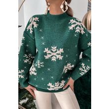 Blackish Green Christmas Snowflake Mock Neck Sweater