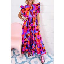 Orange Abstract Printed High Waist Ruffle Tiered Long Dress