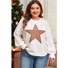 Beige Star Shape Studded Crew Neck Plus Size Long Sleeve Top