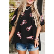Black Sequin Crayfish Graphic Drop Sleeve High Low Tee