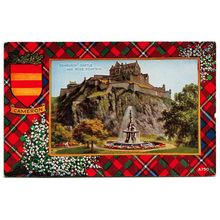 Postcard UK Scotland Edinburgh Castle & Ross Fountain border of Cameron tartan