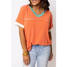 Grapefruit Orange Contrast Trim Exposed Seam V Neck T-shirt