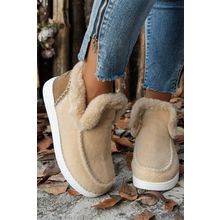 Beige Suede Stitching Patchwork Plush Lined Anklet Boots