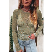 Laurel Green Vintage Floral Print Southern Style Mesh Long Sleeve Top