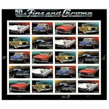 50's Car Fins and Chrome Sheet of Twenty 42 Cent Postage Stamps Scott 4353-57