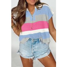 Light Blue Color Block Notch V Neck Sweater T Shirt