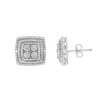 925 Sterling Silver Diamond Accented Square Shaped Milgrain Stud Earrings (I...