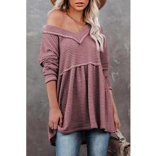 Pink Waffle Knit V Neck Long Sleeve Babydoll Top