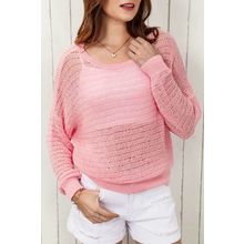Pink Knitted Eyelets Round Neck Long Sleeve Top