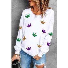 White Mardi Gras Crown Sequined Patch Crew Neck Sweatshirt