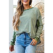 Green Stripe Thermal Knit Drop Shoulder Casual Top