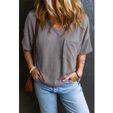 Light Grey Corded V Neck Chest Pocket Loose T-shirt