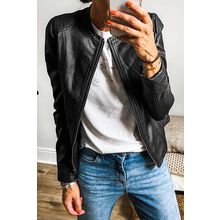 Black Solid Faux Leather Zipper Slim Fit Bomber Jacket