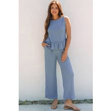 Beau Blue Solid Color Ribbed Ruffle Tank Top and Pants Set