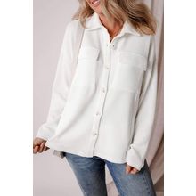 White Solid Color Corduroy Buttoned Long Sleeve Shacket