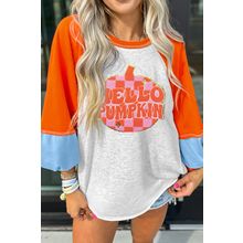 Light Grey HELLO PUMPKIN Patched Graphic Colorblock Bubble Sleeve Raglan Top