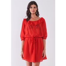Women's Ruffle Collar Midi Sleeve Self-tie Waist Front Button Down Mini Dress