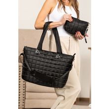 Black Quilted Patchwork Large Tote Bag and Clutch 2pcs Set