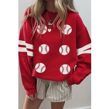 Fiery Red Sequin Baseball Patched Oversized Varsity Sweatshirt