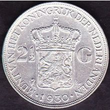 1930 Netherlands 2 & Half Gulden Silver Coin