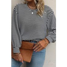 Black Stripe Drop Shoulder Puff Long Sleeve O Neck Plus Size T Shirt