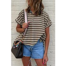 Brown Stripe Textured Side Slits Crew Neck T Shirt