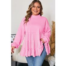 Pink Tiered Ruffle Ribbed Crew Neck Pullover Plus Size Top