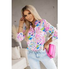 Pink Abstract Floral Print Buttoned Sheath Long Sleeve Shirt