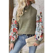 Laurel Green Floral Patchwork Long Sleeve Ribbed Blouse