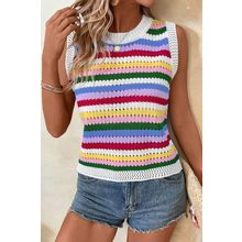 Multicolour Striped Knitted Eyelet Slim Sweater Vest