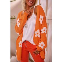 Orange Floral Print Knitted Open Front Loose Cardigan