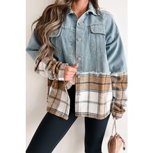 Khaki Plaid Patchwork Buttoned Oversized Denim Jacket