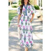 White Floral Puff Short Sleeve V Neck High Waist Maxi Dress