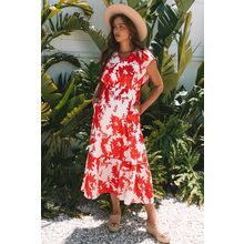 Red Floral Print Trimmed V Neck Ruffle Sleeve Long Dress